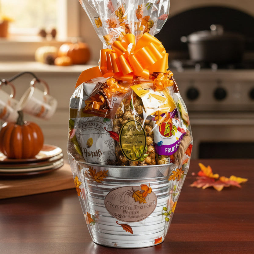 Gift basket with snacks and candies in a decorative container on wood table.
