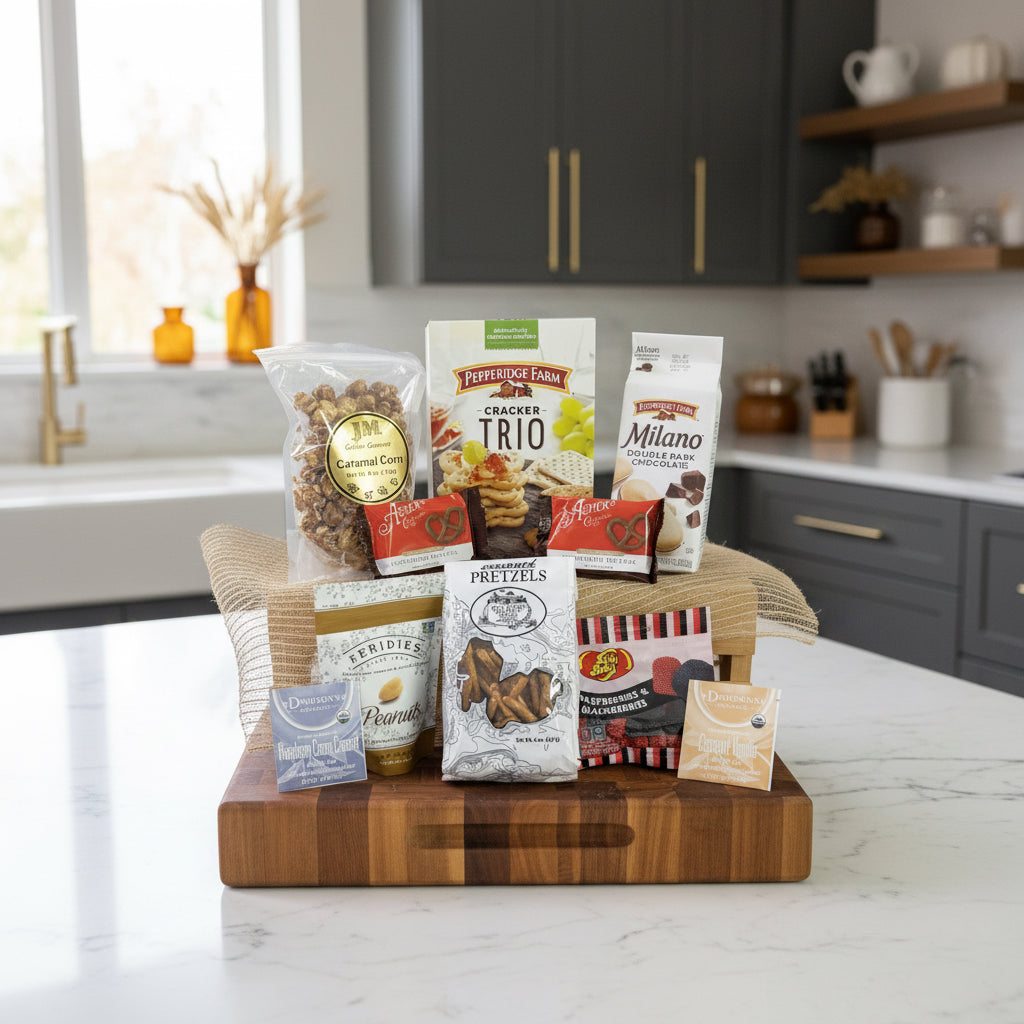 Assorted snack packages including Pepperidge Farm, Asher's, and Feridies in a kitchen.