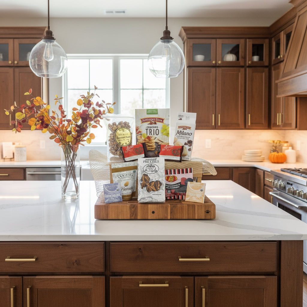 Assorted snack packages including Pepperidge Farm, Asher's, and Feridies on a small chopping block (not included with product) in a fall-inspired kitchen.