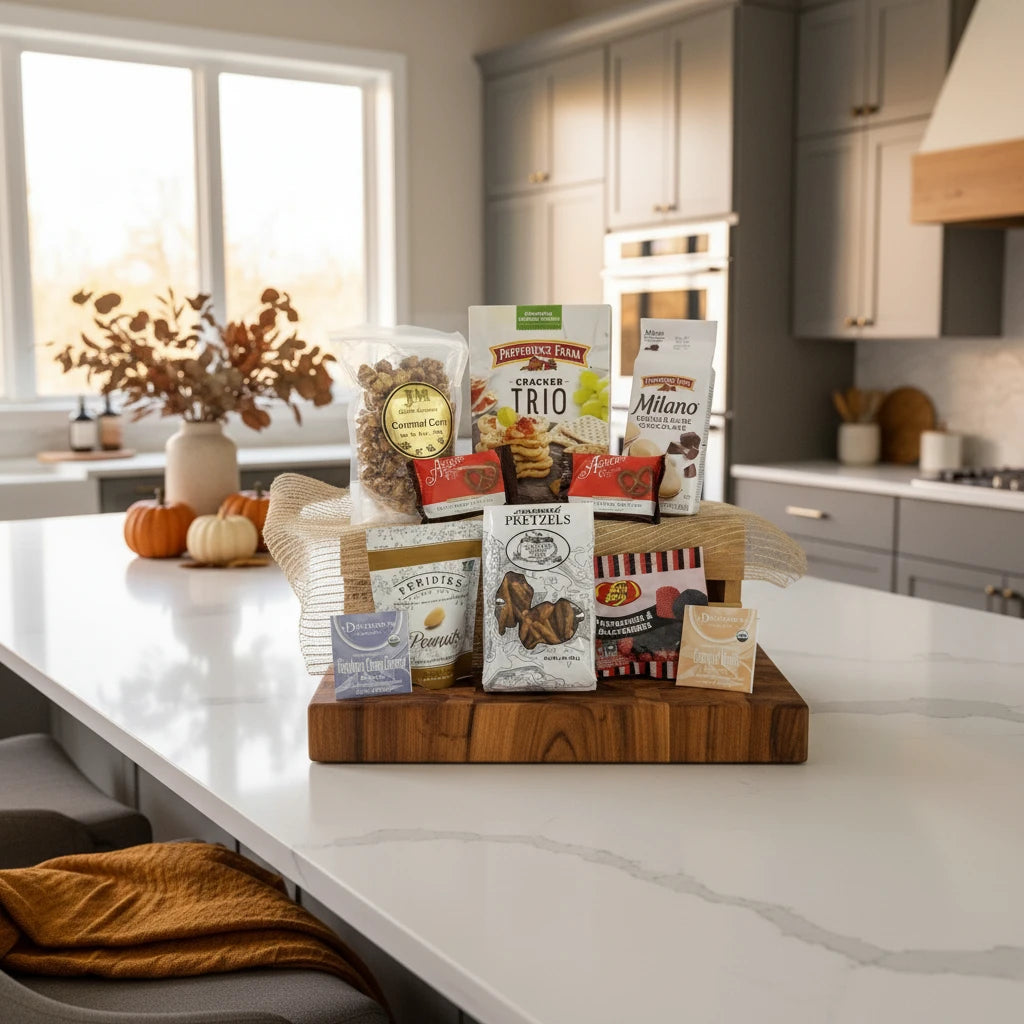 Assorted snack packages including Pepperidge Farm, Asher's, and Feridies in kitchen.