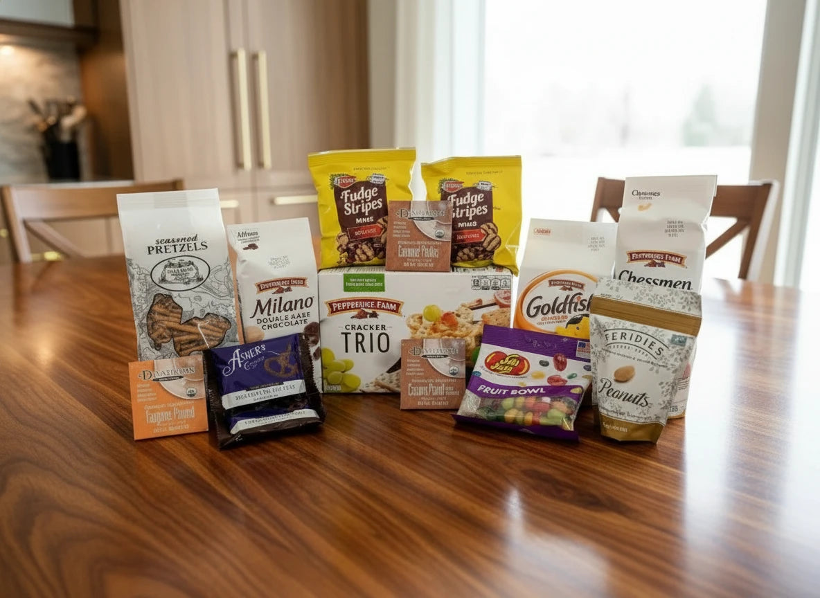 Assorted snack packages on a wooden table with a kitchen background