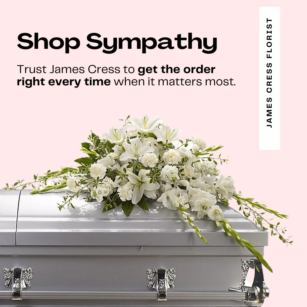 Sympathy Flower Delivery", the alt description could be:  "Elegant white floral arrangement on a silver casket, with a message to 'Shop Sympathy' and trust in James Cress Florist's commitment to getting the order right during crucial moments.