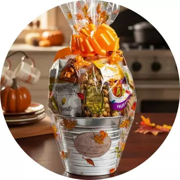 Thanksgiving Gift basket with autumn-themed items on a table with pumpkins and leaves.