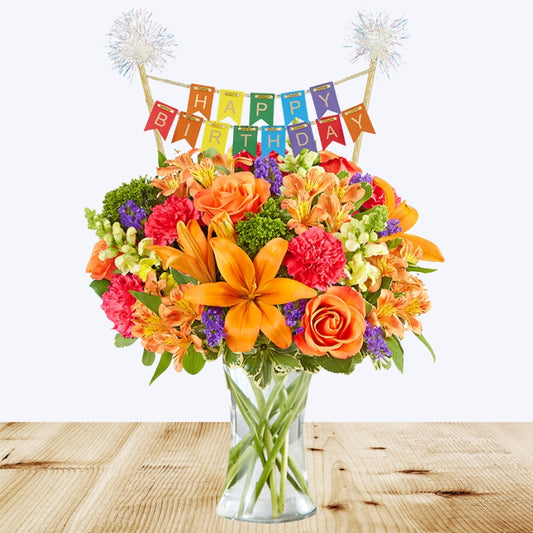 Vibrant Floral Medley with Happy Birthday Banner