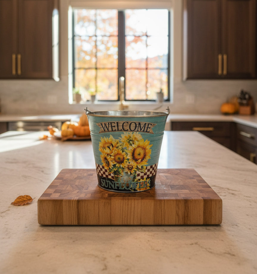 Decorative tin bucket (keepsake with product) with sunflower design and 'Welcome' text in a kitchen setting.