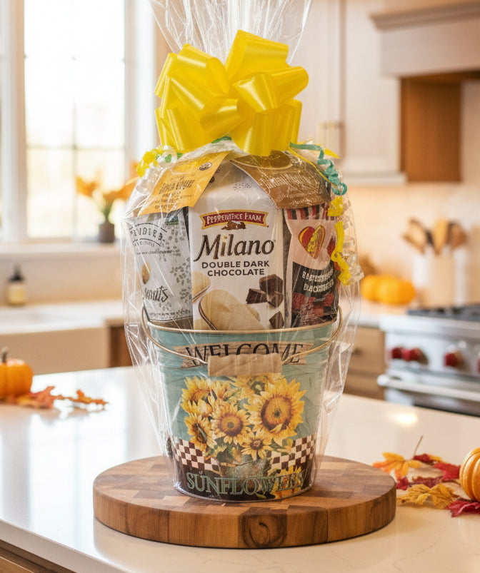 Gift basket with Milano chocolate in a sunflower designed tin container seated on a wooden surface.