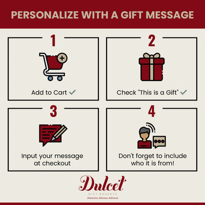 Instructions for personalizing a gift message with icons and text on a red and white background.