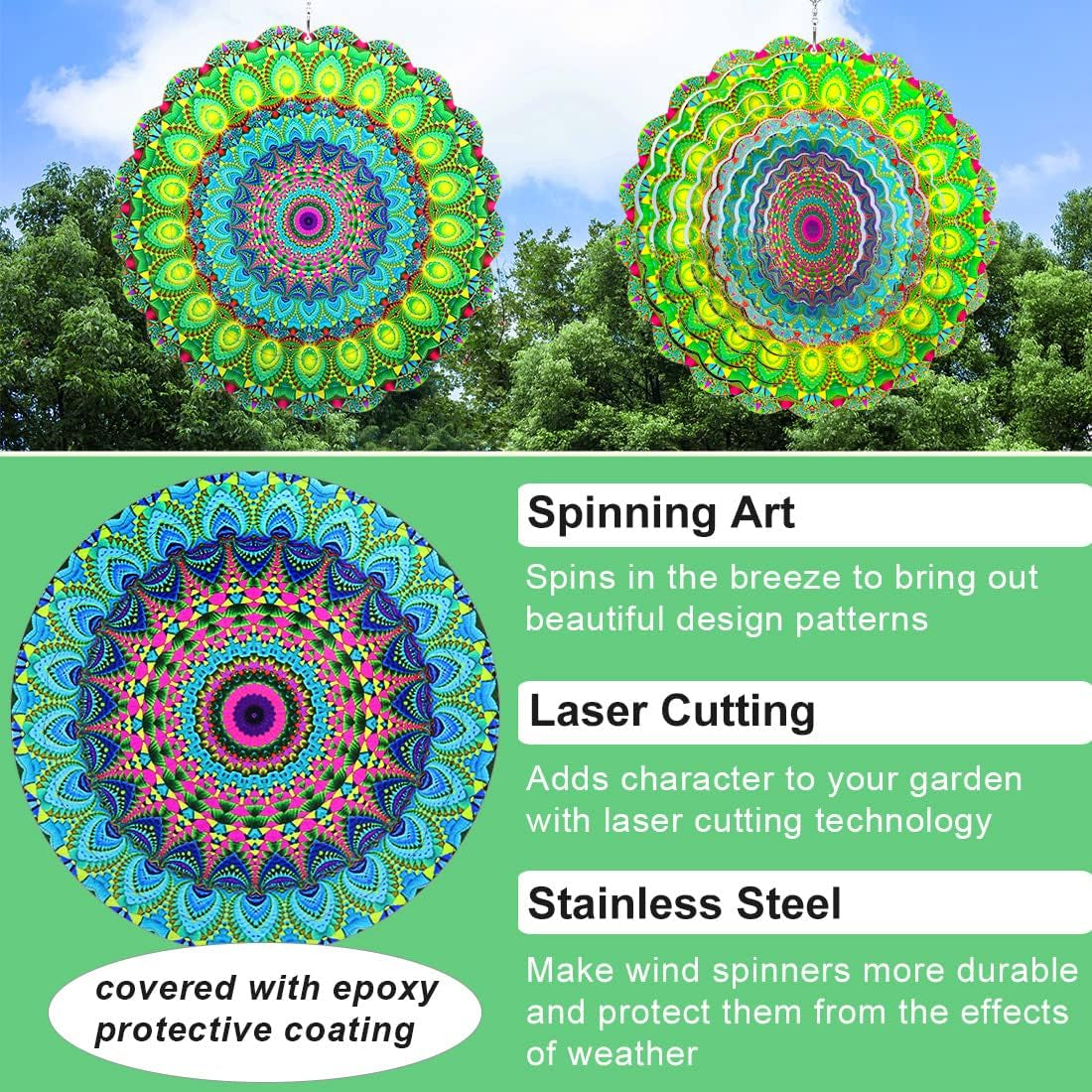 3D Peacock Mandala Wind Spinner Outdoor Metal Large Hanging, 12 Inch Kinetic Wind Sculpture Decor, Green Spinning Wind Art for Yard and Garden, Decorative Spinfinity Wind Catchers Gifts