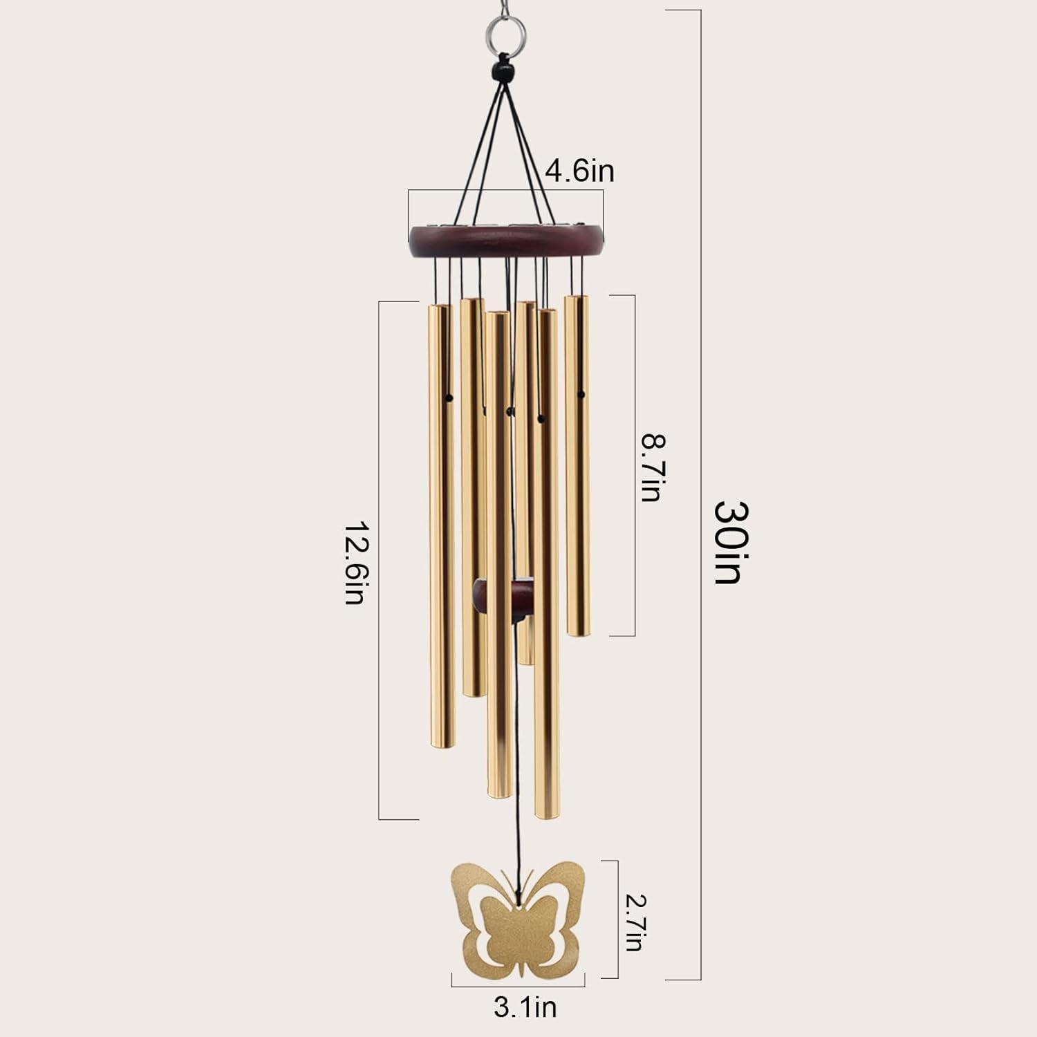 Butterfly Wind Chimes for Garden Backyard Patio, Memorial Wind Chimes with 6 Aluminium Tubes Water Resistant Windchimes Outdoors Remembrance Gifts, Gold, 30 Inch