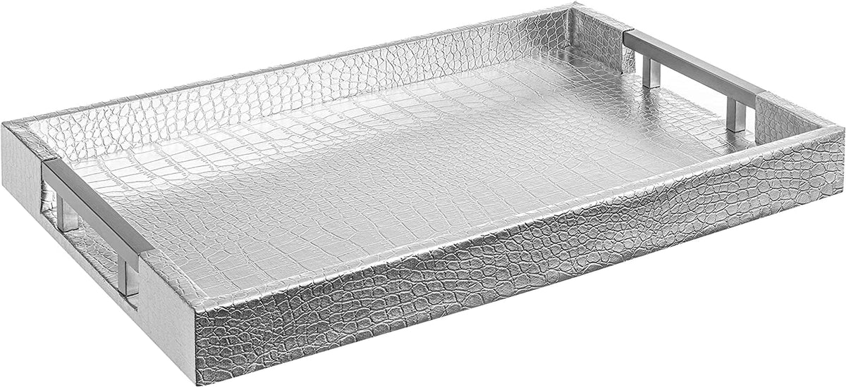 Modern Rectangle Silver Alligator Faux Leather Decorative Serving Tray with Silver Metal Handles for All Occasion'S L 17.71" X W 11.81" X H 1.96"