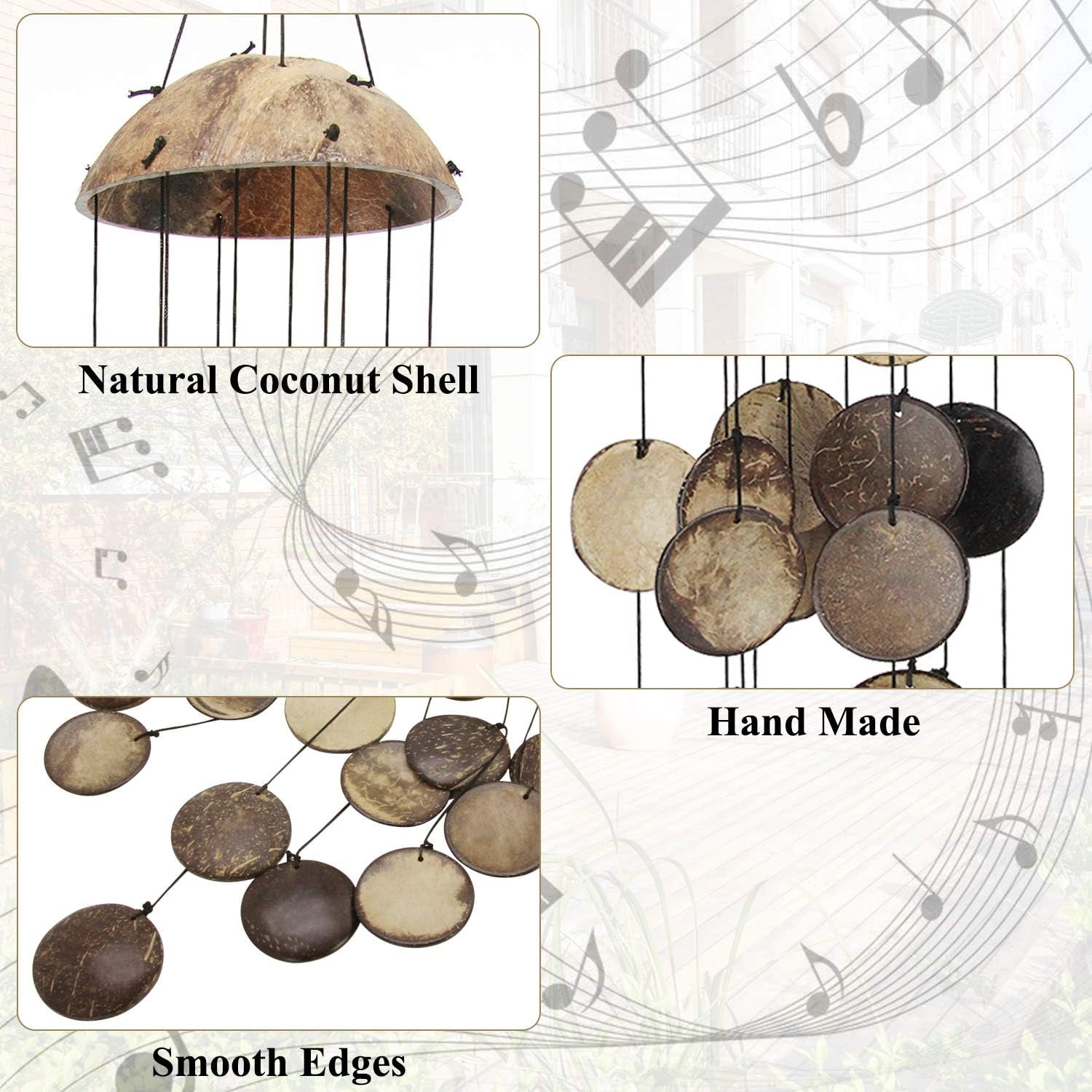 Coconut Shell Wind Chimes Outdoor, Wooden Wind Chimes for Outside, Perfect Decoration for Your Own Patio, Porch, Garden, or Backyard