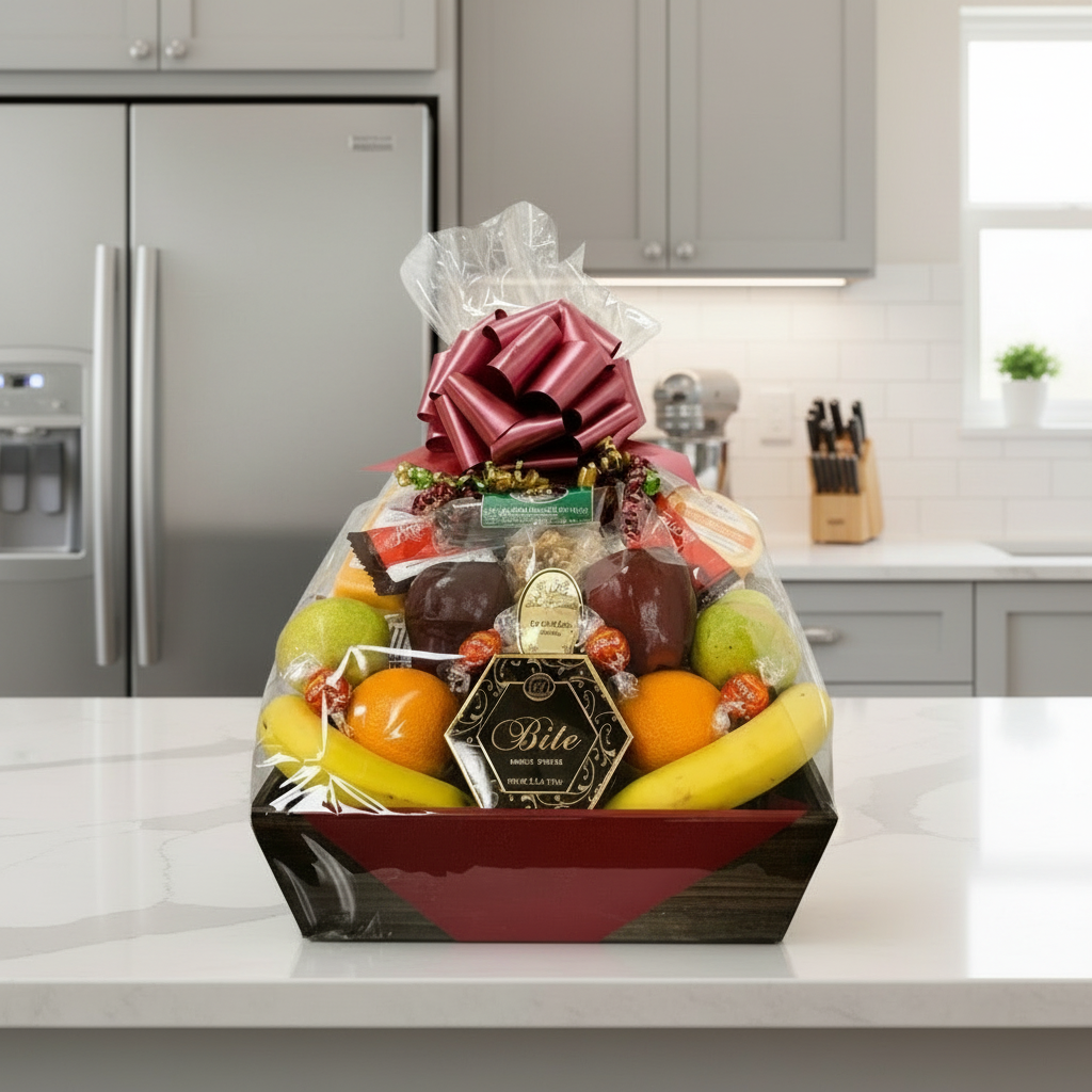 Fruit and cheese gift basket with a decorative in a kitchen on a counter.