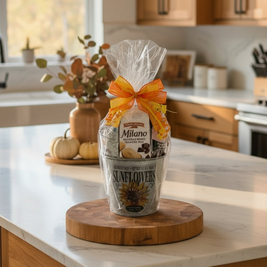 Sunflower seeds in a clear bag with Milano chocolate packaging, tied with a yellow bow.