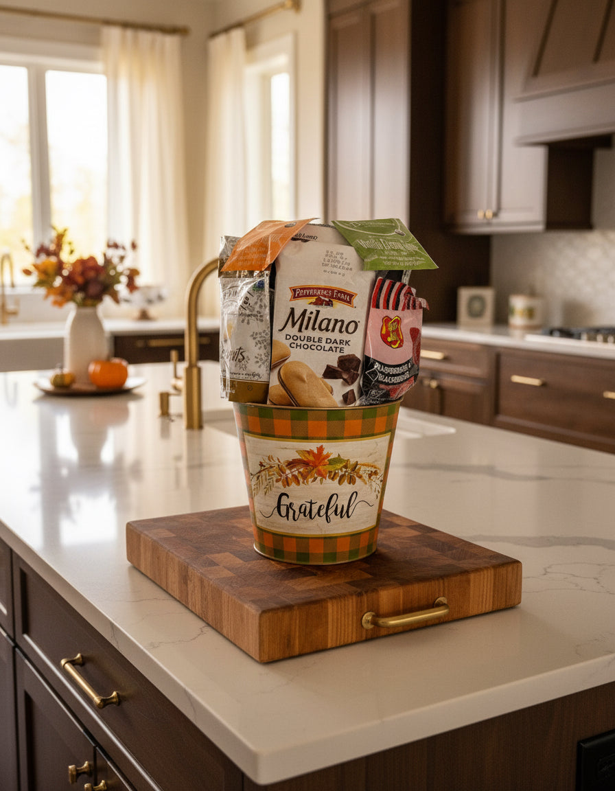 Gift basket with Milano chocolate, cookies, and other items in a kitchen.