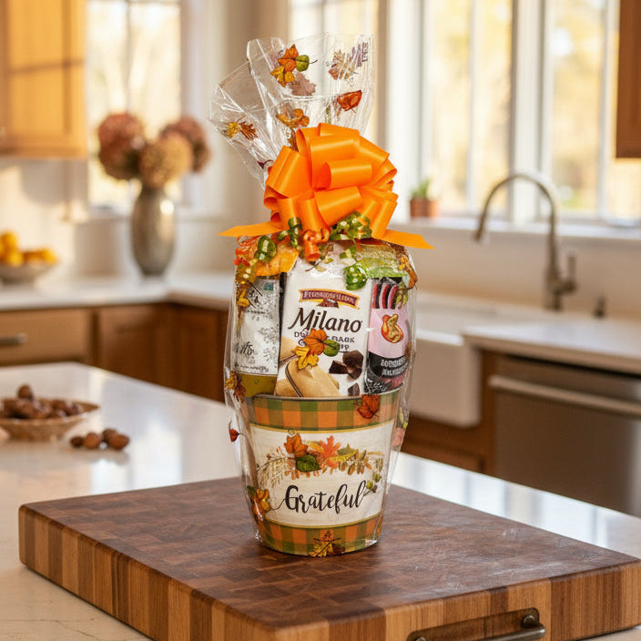 Decorative fall container made with chocolate cookies and snacks on a kitchen counter.