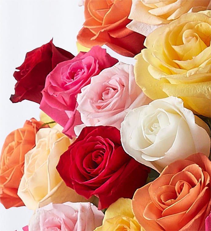 Zoomed in picture of Spectacular arrangement of 100 long-stem multicolored roses in a clear glass vase, featuring an array of vibrant red, pink, yellow, and orange roses, perfect for expressing grand emotions and making a significant impact.