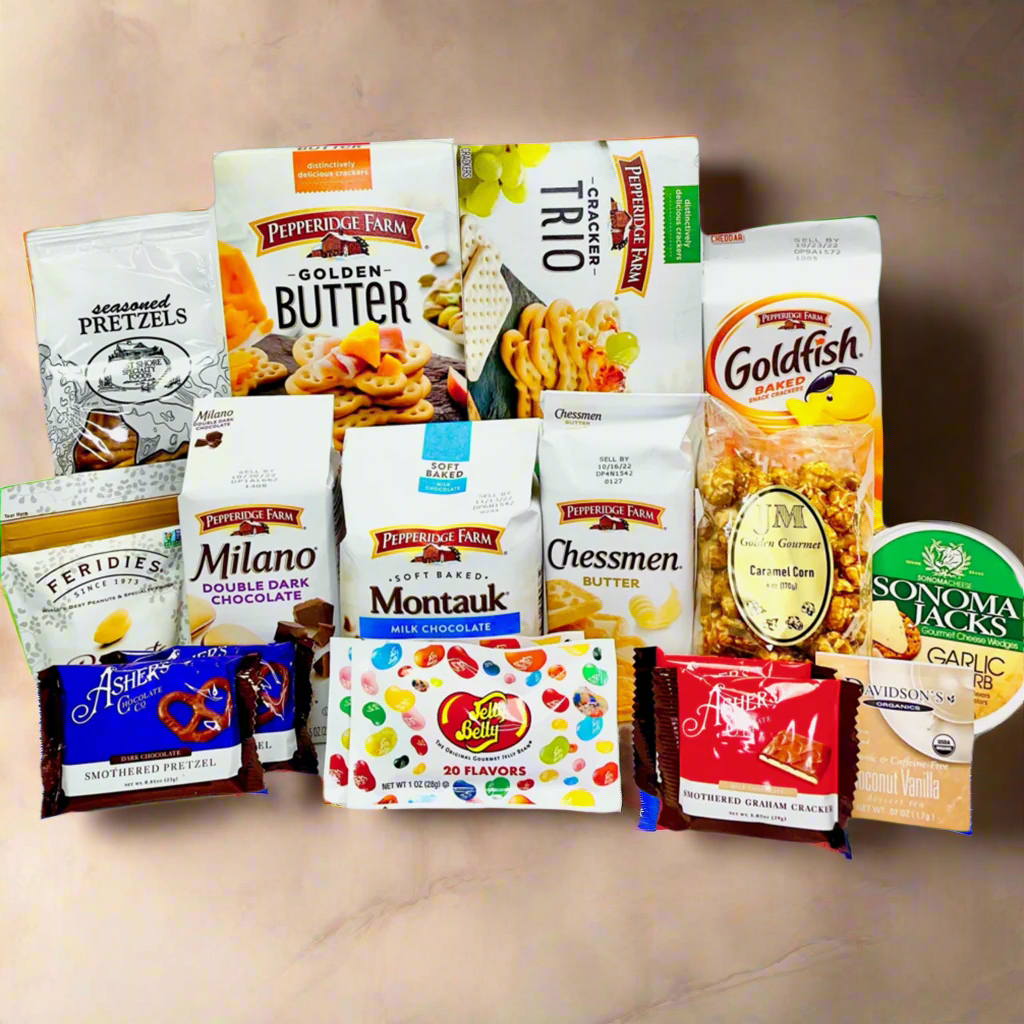 Assorted snack packages on a wooden surface with a gray background