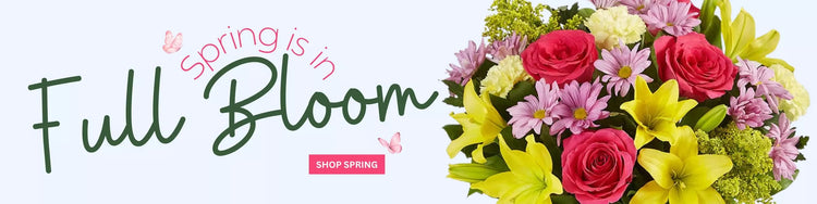 Floral arrangement with text 'Spring is in Full Bloom' on a white background