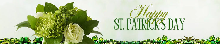 St. Patrick's Day floral arrangement featuring fresh green chrysanthemums, roses, and lush greenery, with text reading 'Happy St. Patrick's Day' on a soft green and festive decorative background.