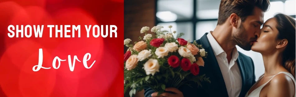 Romantic couple kissing, man holding a bouquet of mixed flowers in a well-lit room, next to a window with SHOW THEM YOUR LOVE text overlay on a blurred red background.