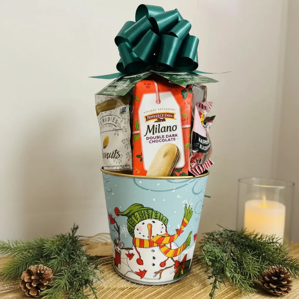 Small Whimsical Snowman Gift Tin Basket - Holiday Gift