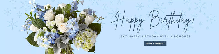 Floral bouquet with 'Happy Birthday!' text on a light blue background